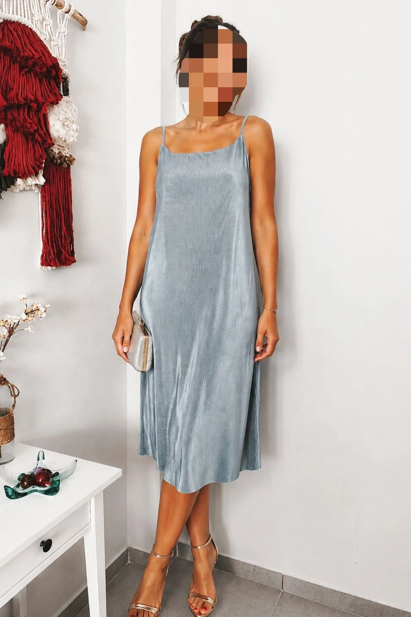 Turquoise blauwe geplooide midijurk van ONLY T.L – photo 2
